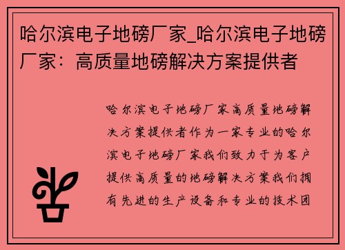 哈尔滨电子地磅厂家_哈尔滨电子地磅厂家：高质量地磅解决方案提供者