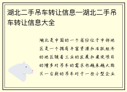 湖北二手吊车转让信息—湖北二手吊车转让信息大全